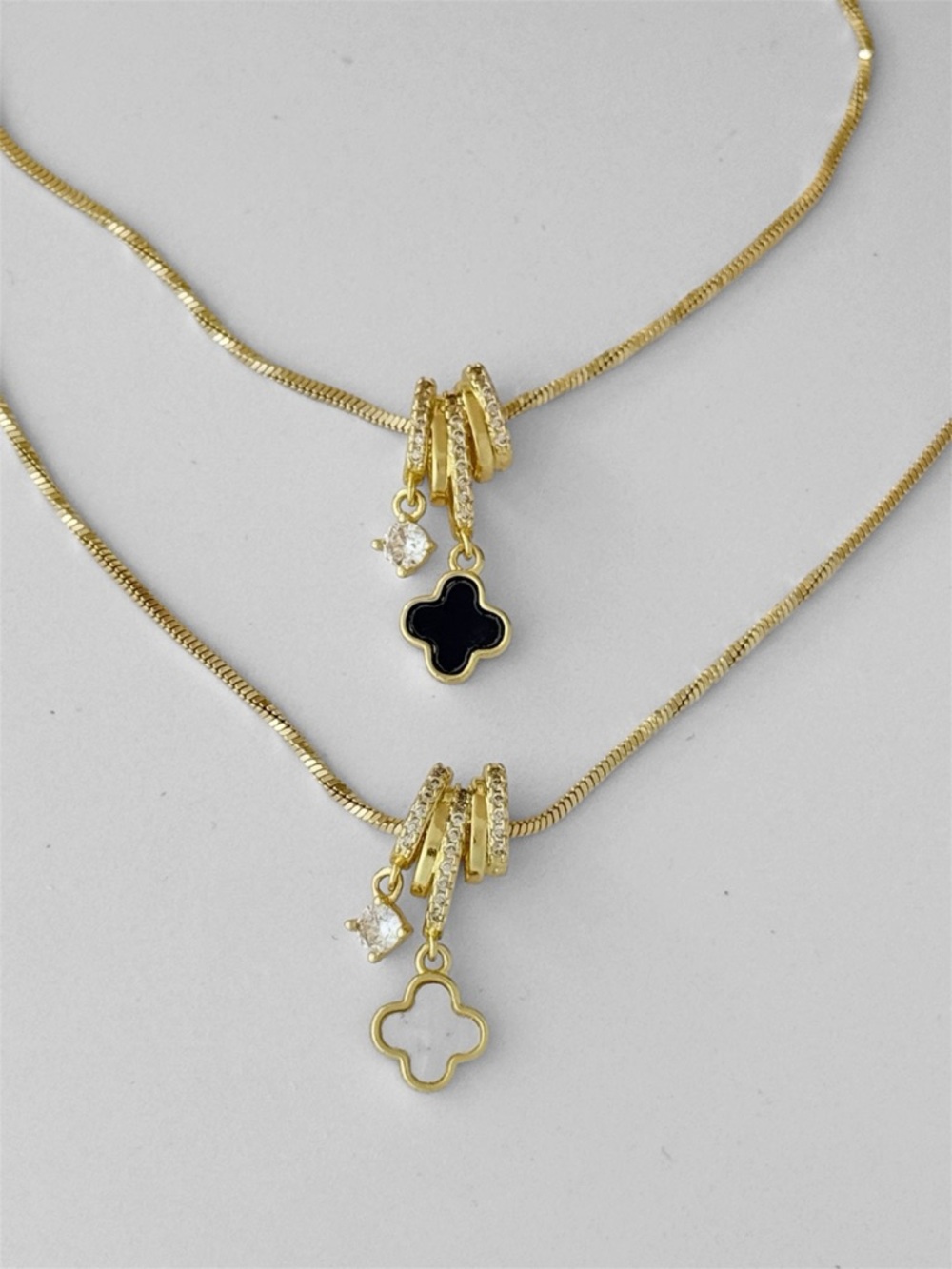 14K Gold Plated MoP Clover Necklace | CZ Pavé Rings & Crystal Charm - Picture 8 of 12